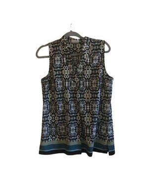 Van Heusen Sleeveless Black/White Patterned Top Teal & Green Trim Womens Medium